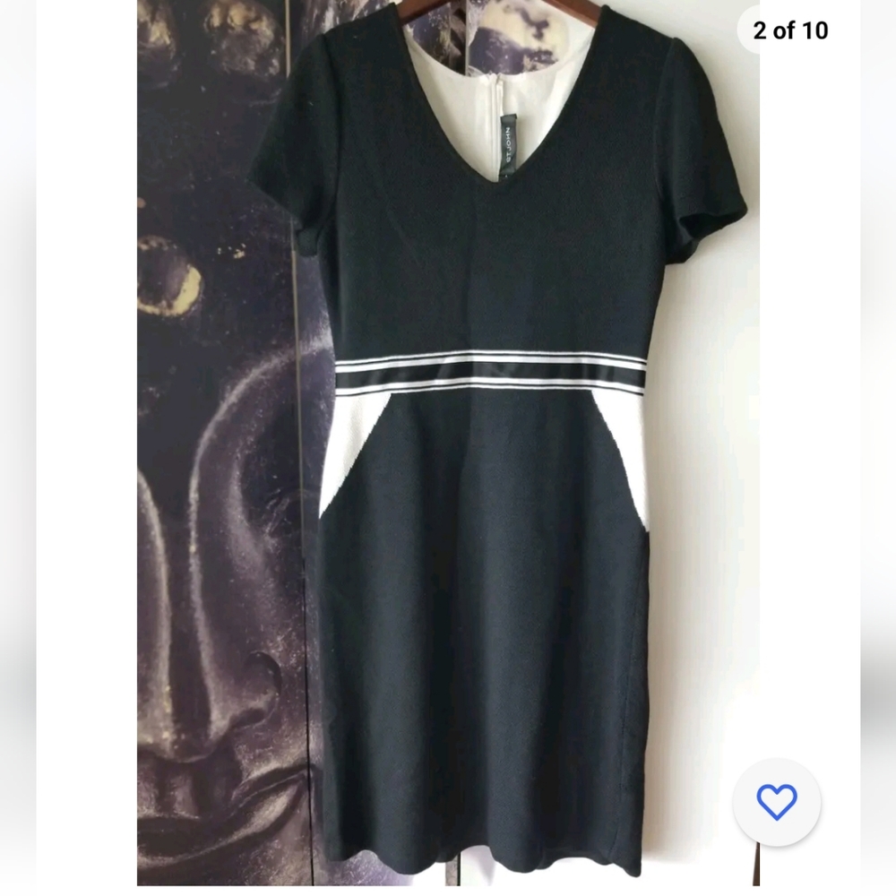 ST JOHN Black White Wool Blend Scoop Neck Short‎ Sleeve Sheath Dress 8